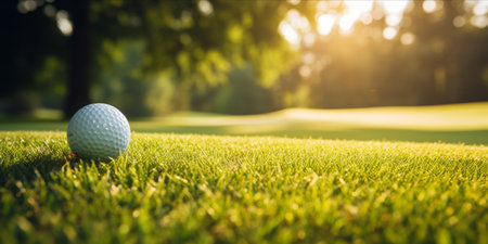 Close up of a golf ball on a tee with a club positioned for a swing on a sunlit course.の素材