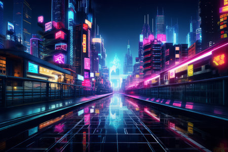 A vibrant cyberpunk cityscape with neon lights and futuristic architecture.の素材