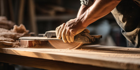 A craftsman sanding wood in a workshop with focus on hands and wood.の素材