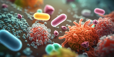 A highly detailed microscopic view of bacteria and microorganisms.の素材