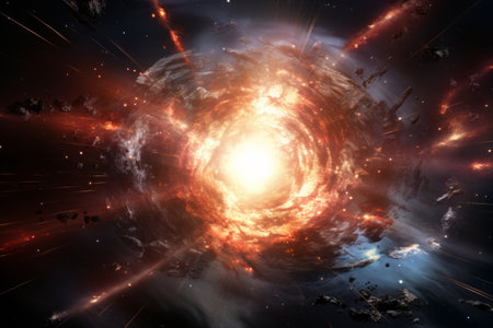 An explosive cosmic event with debris and bright light scattering in space.の素材