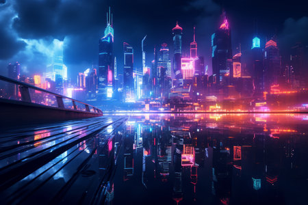 A vibrant cyberpunk cityscape with neon lights and futuristic architecture.の素材
