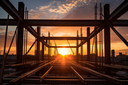 Sunset view through the silhouette of a construction site with cranes in the background.の素材