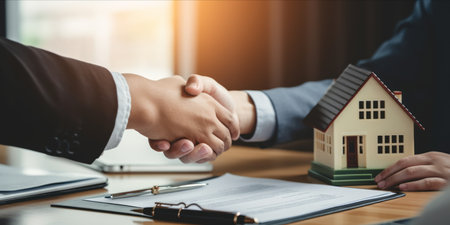 Two people shaking hands over a real estate deal with model houses and documents on the desk.の素材