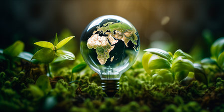 A lightbulb with a world map and greenery symbolizing eco friendliness and sustainability.の素材