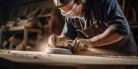 A craftsman sanding wood in a workshop with focus on hands and wood.の素材