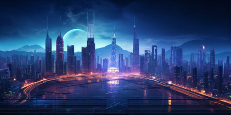 A vibrant cyberpunk cityscape with neon lights and futuristic architecture.の素材