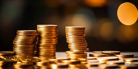 Stacks of gold coins with a warm bokeh light background.の素材