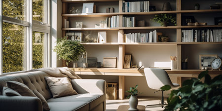 A cozy home office setup with a sofa, bookshelves, and a desk by the window.の素材