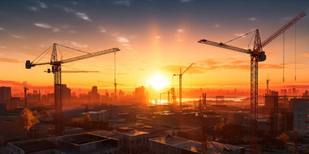 Sunset view through the silhouette of a construction site with cranes in the background.の素材