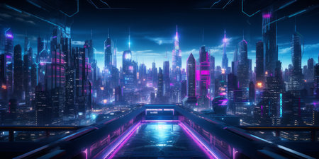 A vibrant cyberpunk cityscape with neon lights and futuristic architecture.の素材