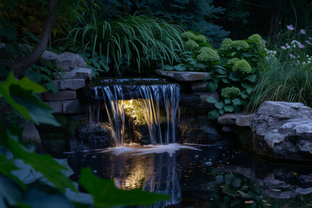 Illuminated water feature in a tranquil garden settingの素材
