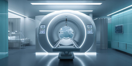 Futuristic MRI scanner room with holographic interfaceの素材