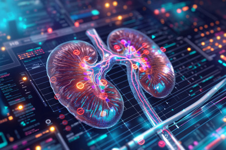Transparent digital illustration of kidneys with health monitoring data.の素材