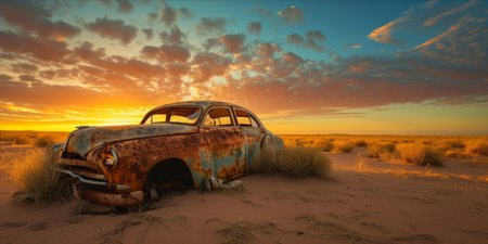 Abandoned vintage car in a desert landscape at sunset.の素材