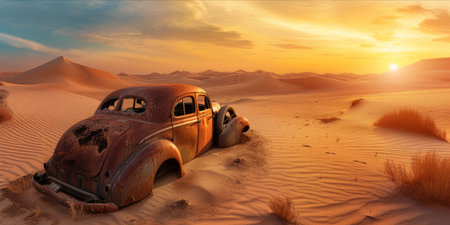Abandoned vintage car in a desert landscape at sunset.の素材