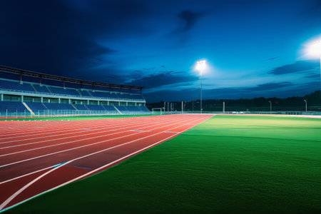 Empty sports stadium with a running track under the night sky.の素材