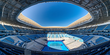 Wide angle view of a large tennis stadium with an open roof.の素材