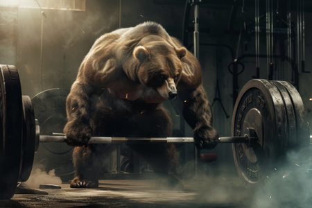 A muscular bear in a gym attempting to lift a heavy barbell.の素材