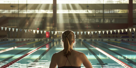 Female swimmer looking at an indoor pool, rays of light streaming from above.の素材