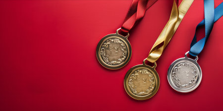 A set of gold, silver, and bronze medals with ribbons on a red background.の素材