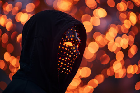 Hooded figure with a digital face mask against a backdrop of glowing orange bokeh.の素材