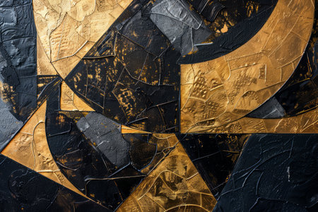 An abstract wall art piece featuring geometric patterns and organic shapes in gold and black, creating a luxurious and textured visual effect.の素材