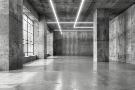 A minimalistic and spacious industrial interior with concrete walls and floor, subtly lit by strip lighting at the ceiling edge.の素材