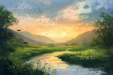 An idyllic landscape painting with a river, green hills, and birds flying in the sky at sunriseの素材