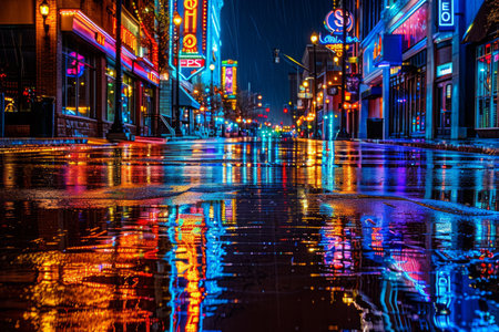 A wet city street at night reflecting neon lightsの素材