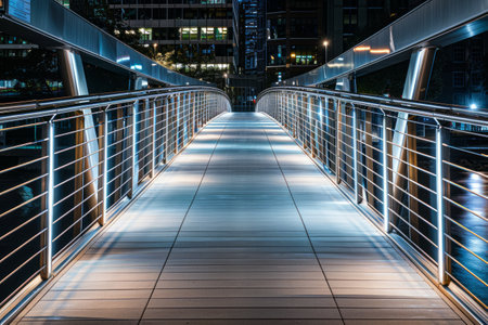 An empty pedestrian bridge at night with illuminated handrails and city lightsの素材