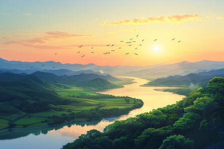 An idyllic landscape painting with a river, green hills, and birds flying in the sky at sunriseの素材