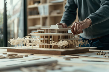 An architectural model on a table with a person examining it in an office environmentの素材