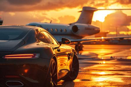 Luxury car in front of a private jet at sunsetの素材