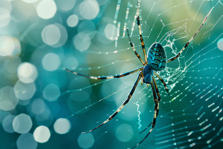 A large spider with long legs suspended on a web against a turquoise background.の素材