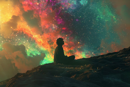 A person sitting on a hill looking at a vibrant cosmic event in the sky.の素材