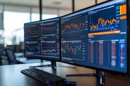 Financial data analysis on computer screens.の素材