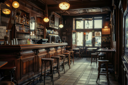An empty, vintage pub interior with warm ambient lighting.の素材