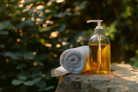 A clear bottle of golden liquid with a pump dispenser, next to a rolled white towel, both placed on a stone surface with foliage in the background.の素材