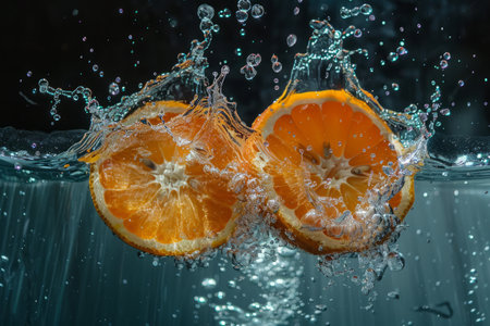 Two halves of a fruit, possibly an orange, splashing into water, creating a dynamic and energetic splash with water droplets and fruit pieces flying around.の素材