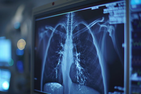 Medical monitor displaying a CT scan of human lungs.の素材
