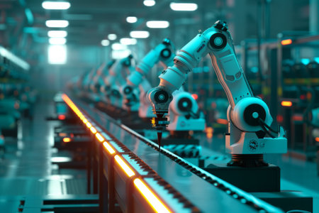Industrial robots in an automated assembly line within a manufacturing plant.の素材