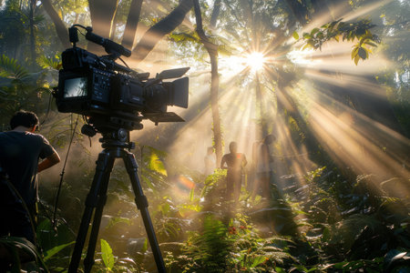 Behind-the-scenes view of a film crew in a forest with the camera focused on the crew and actors, bathed in the warm light of the setting or rising sun.の素材