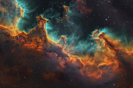 A vivid and fantastical depiction of a nebula with bright colors and dynamic cloud formations against a starry sky.の素材