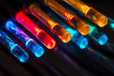Close-up of vibrant fiber optic cables with illuminated ends against a dark background.の素材