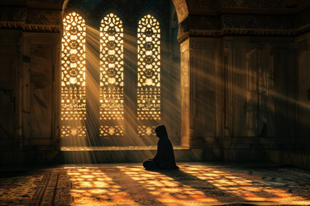 A person in prayer in a mosque, bathed in the warm glow of sunlight filtering through an ornate window.の素材