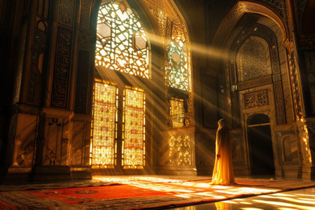 A person in prayer in a mosque, bathed in the warm glow of sunlight filtering through an ornate window.の素材