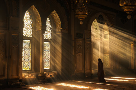 A person in prayer in a mosque, bathed in the warm glow of sunlight filtering through an ornate window.の素材