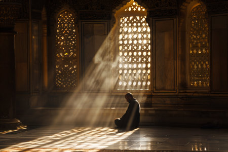 A person in prayer in a mosque, bathed in the warm glow of sunlight filtering through an ornate window.の素材