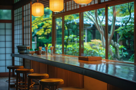 A traditional Japanese sushi bar interior, with warm lighting and a view of the serene garden outside, providing an authentic dining experience.の素材